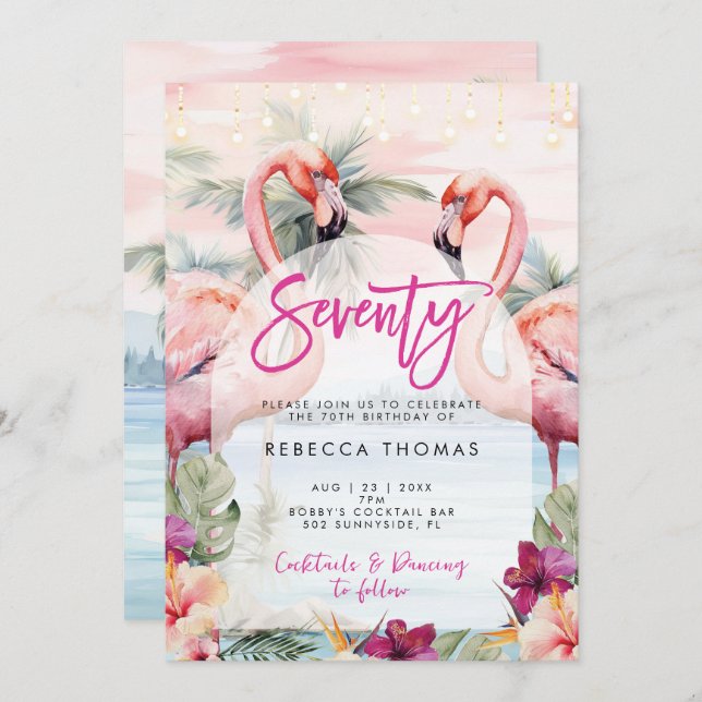 Tropical flamingo 70th birthday party invitation (Front/Back)