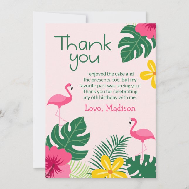 Tropical Flamingo Aloha Birthday Party Thank You Card (Front)