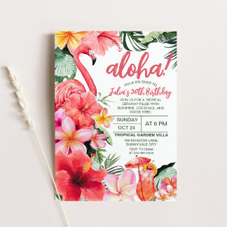 Tropical Flamingo Aloha Hibiscus Cocktail Birthday Invitation