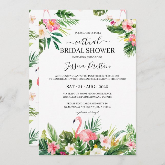 Tropical Flamingo and Floral Virtual Bridal Shower Invitation (Front/Back)