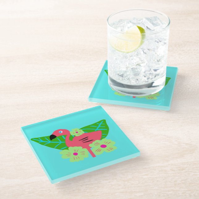 Tropical Flamingo and Flowers Glass Coaster (Angled)