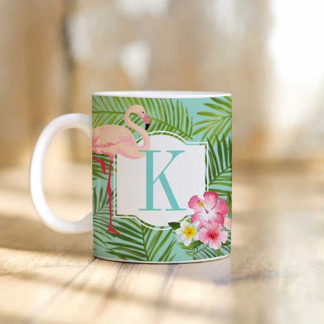 Tropical Flamingo and Hibiscus Flowers Monogram Coffee Mug (Creator Uploaded)