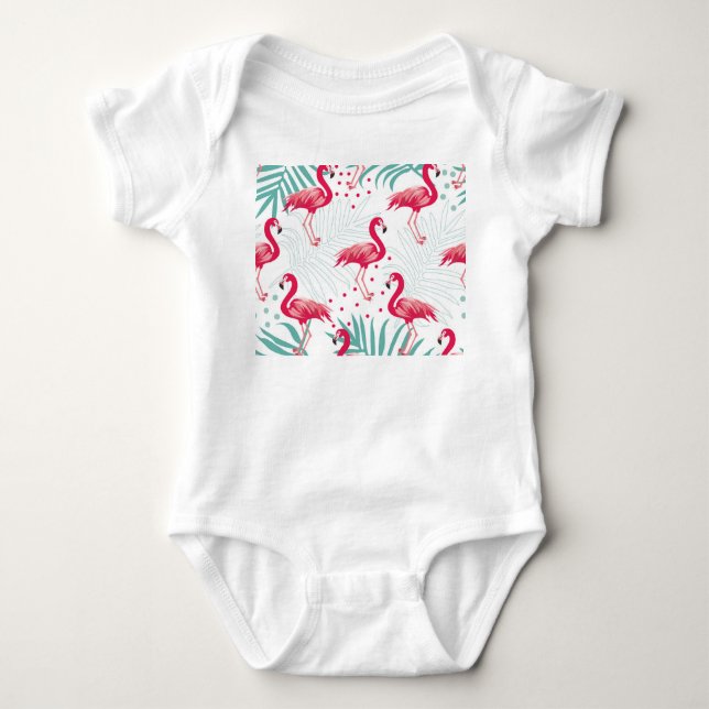 Tropical flamingo and leaves, summer pattern. baby bodysuit (Front)