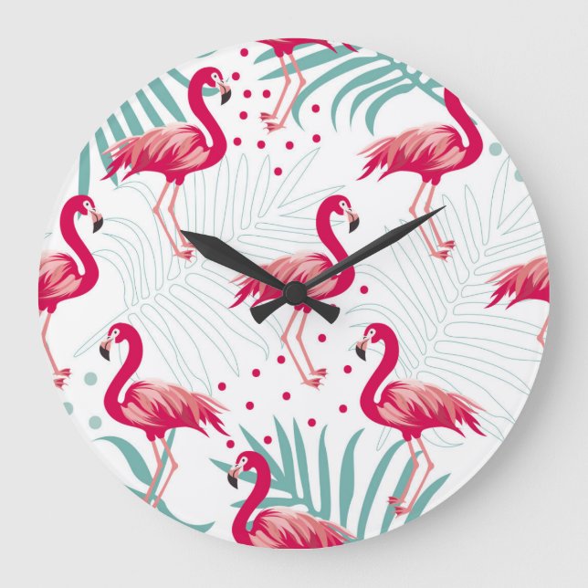 Tropical flamingo and leaves, summer pattern. large clock (Front)