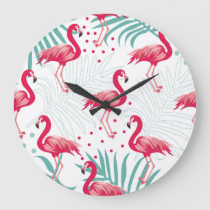 Tropical flamingo and leaves, summer pattern. large clock