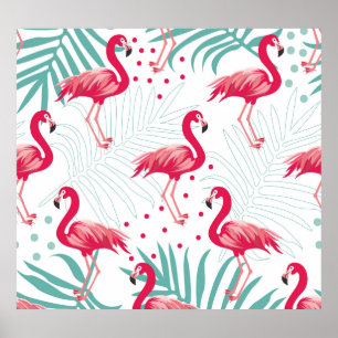 Tropical flamingo and leaves, summer pattern. poster