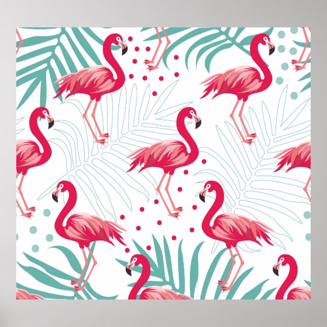 Tropical flamingo and leaves, summer pattern. poster (Front)