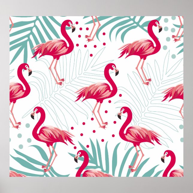 Tropical flamingo and leaves, summer pattern. poster (Front)