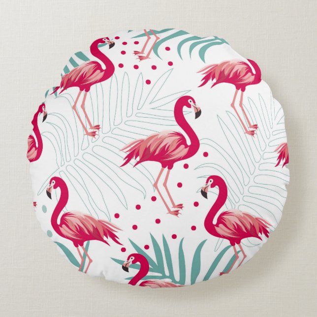 Tropical flamingo and leaves, summer pattern. round cushion (Front)
