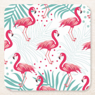 Tropical flamingo and leaves, summer pattern. square paper coaster