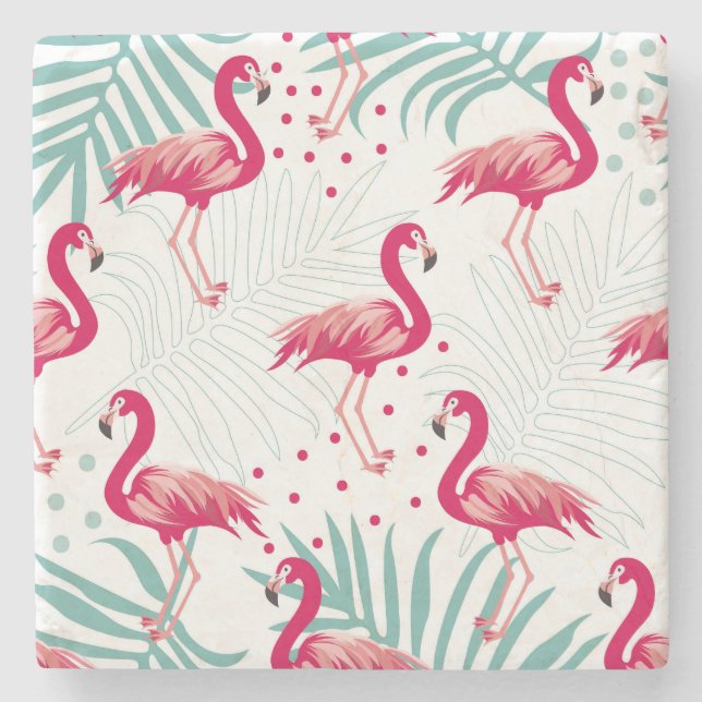 Tropical flamingo and leaves, summer pattern. stone coaster (Front)