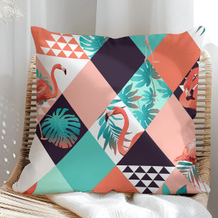 Tropical Flamingo and Palm Tree Leaves Pillow