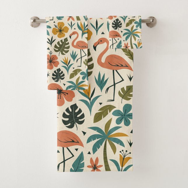 Tropical Flamingo and Palm Tree Pattern Bath Towel Set (Insitu)