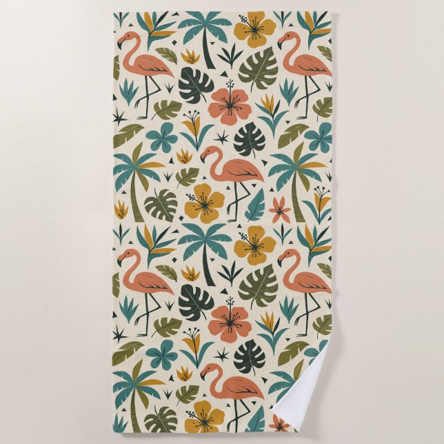 Tropical Flamingo and Palm Tree Pattern Beach Towel (Front)