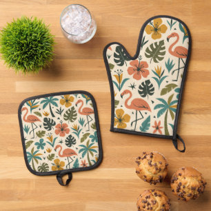 Tropical Flamingo and Palm Tree Pattern Oven Mitt & Pot Holder Set
