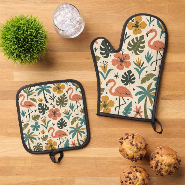 Tropical Flamingo and Palm Tree Pattern Oven Mitt & Pot Holder Set (Top Down)
