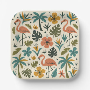 Tropical Flamingo and Palm Tree Pattern Paper Plate