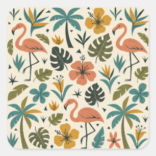 Tropical Flamingo and Palm Tree Pattern Square Sticker