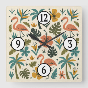 Tropical Flamingo and Palm Tree Pattern Square Wall Clock