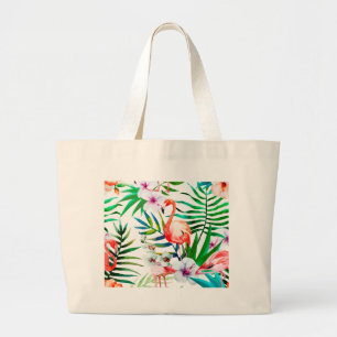 Tropical flamingo art large tote bag