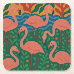 Tropical Flamingo Artwork Square Paper Coaster