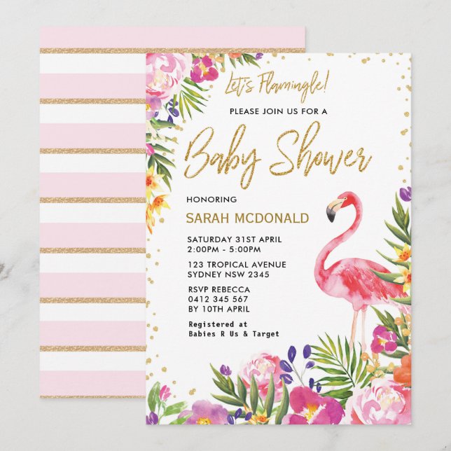 Tropical Flamingo Baby Shower Floral Invitation (Front/Back)
