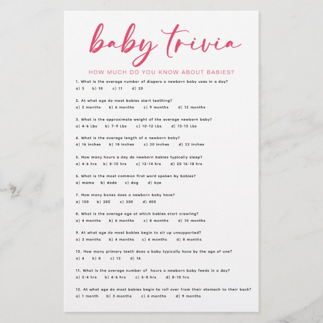 Tropical Flamingo Baby Shower Trivia Game Card (Front)