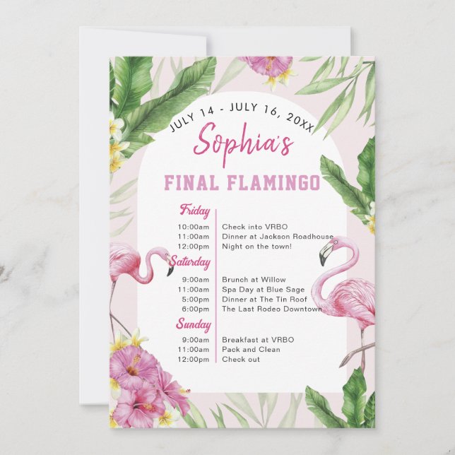 Tropical Flamingo Bachelorette Itinerary Invitatio Invitation (Front)