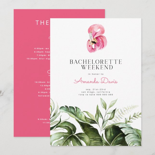 Tropical Flamingo Bachelorette Weekend Itinerary Invitation (Front/Back)