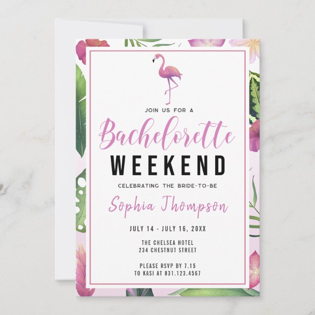 Tropical Flamingo Bachelorette Weekend Itinerary  Invitation (Front)