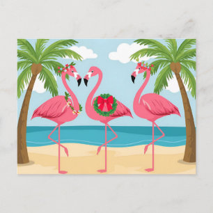 Tropical Flamingo Beach Christmas Wreath Holiday Postcard