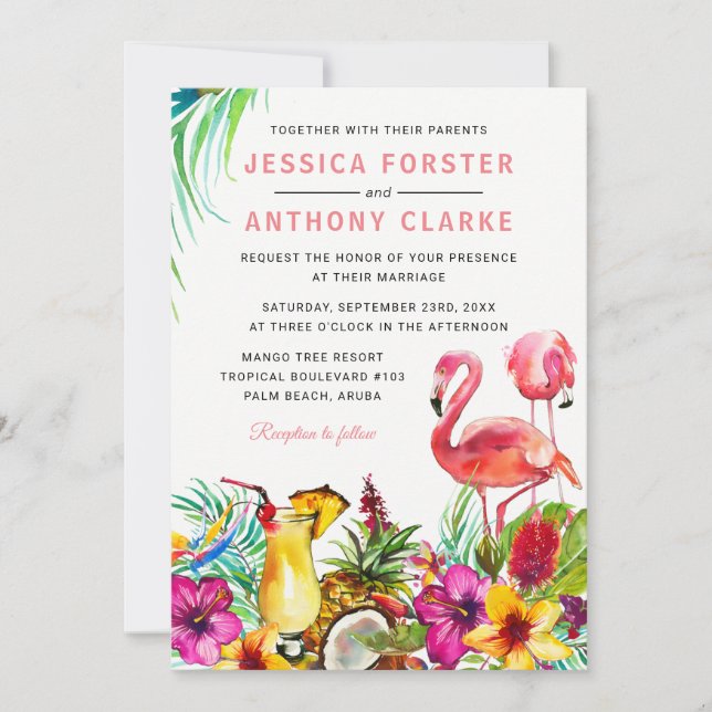 Tropical Flamingo Beach Destination Wedding Invitation (Front)