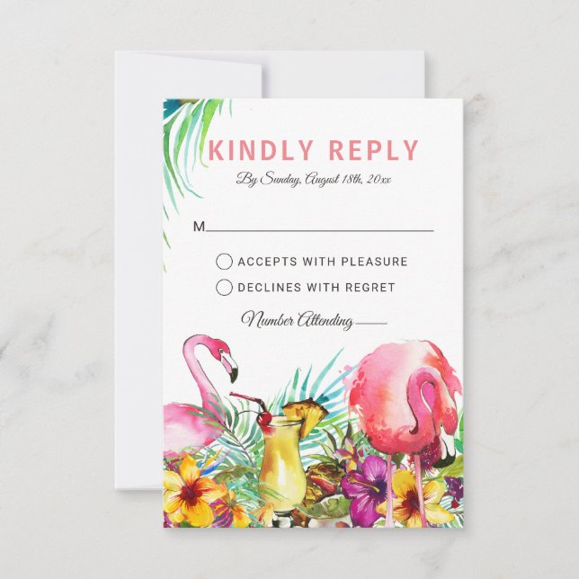 Tropical Flamingo Beach Destination Wedding RSVP (Front)