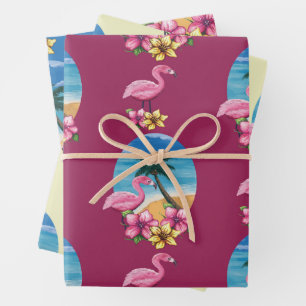 Tropical Flamingo Beach, Palm Tree and Flowers Wrapping Paper Sheet