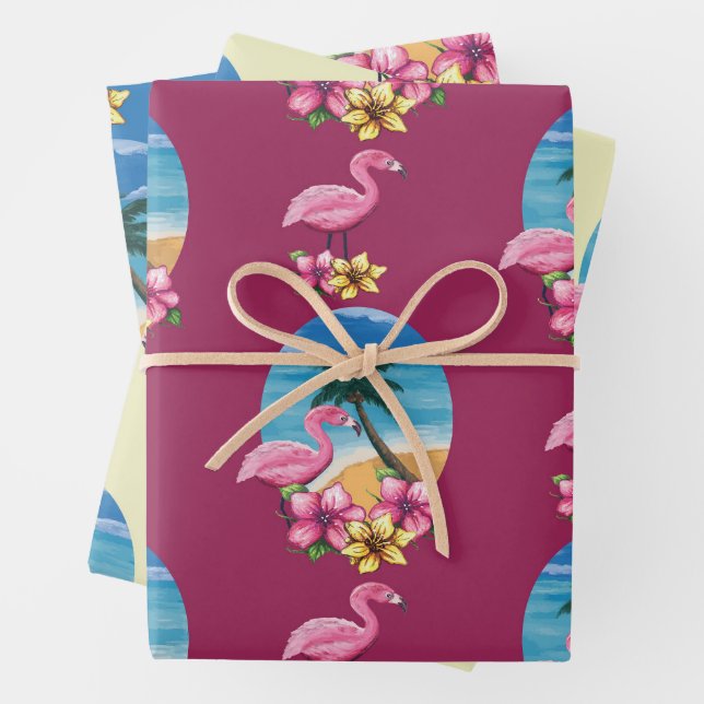 Tropical Flamingo Beach, Palm Tree and Flowers Wrapping Paper Sheet (In situ)