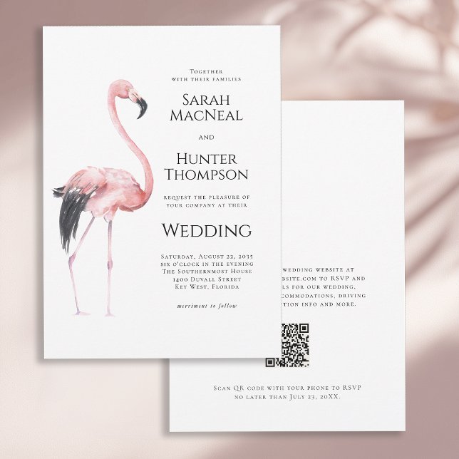 Tropical Flamingo Beach Wedding QR code Invitation (Creator Uploaded)