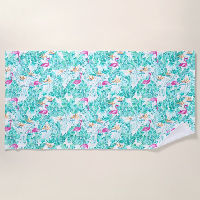 Tropical Flamingo & Bird of Paradise Beach Towel (Front)