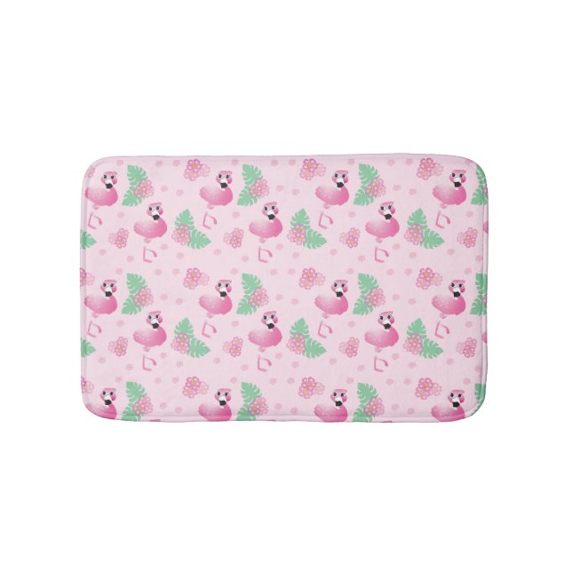 Tropical Flamingo Bird Pattern Flowers Light Pink Bath Mat (Front)