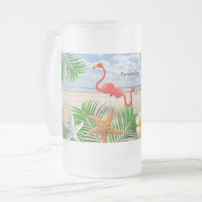 Tropical Flamingo Birds on the Beach Frosted Glass Beer Mug (Front Left)