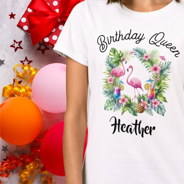 Tropical Flamingo Birthday Queen T-Shirt (Tropical Flamingo Birthday Queen T-shirt for Delightful Birthday Party!  Enjoy Tropical vibes!)