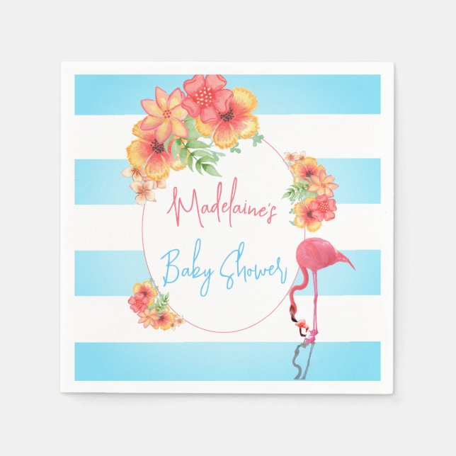 Tropical Flamingo  Blue Stripe Baby Shower Napkin (Front)