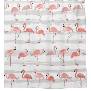 Tropical Flamingo Blue Stripes Pattern Shower Curtain