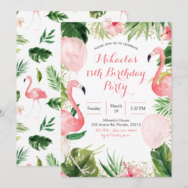 Tropical Flamingo Blush Pink Balloon Birthday Invitation (Front/Back)