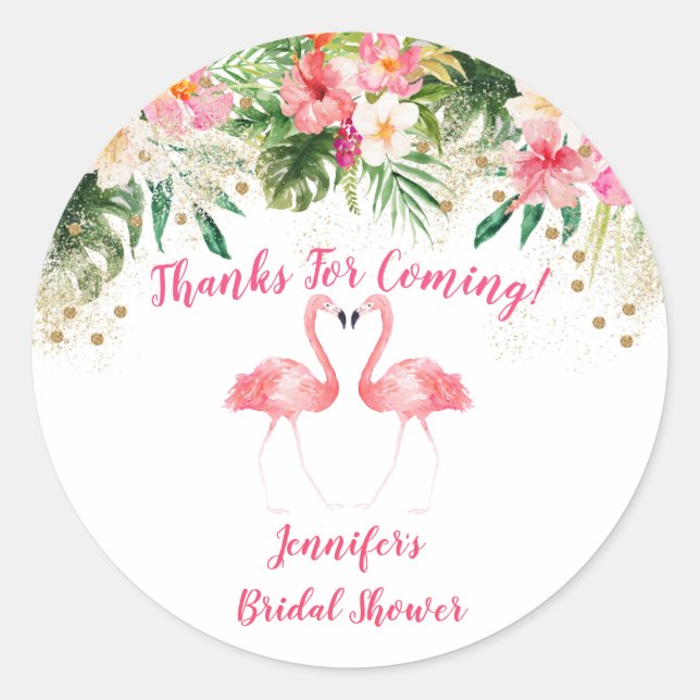 Tropical Flamingo Bridal Shower Classic Round Sticker (Front)