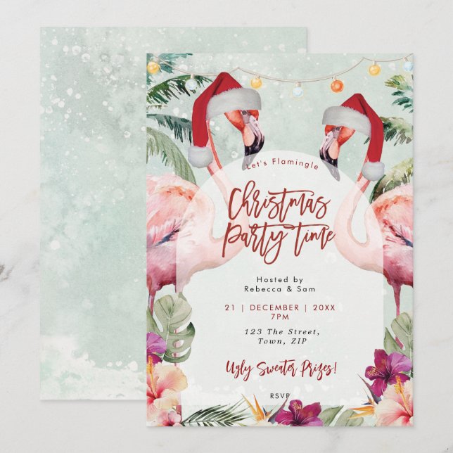 Tropical flamingo Christmas party invitation (Front/Back)