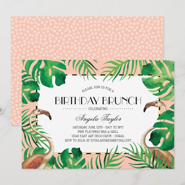 Tropical Flamingo Coral Birthday Invitation (Front/Back)
