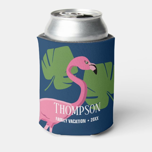 Tropical Flamingo Custom Family Vacation Reunion Can Cooler (Can Back)