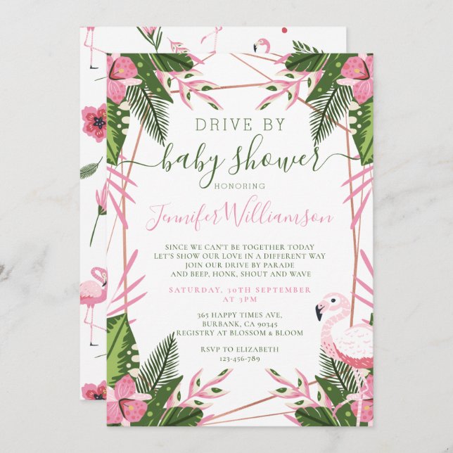 Tropical Flamingo Drive By Baby Shower Invitation (Front/Back)
