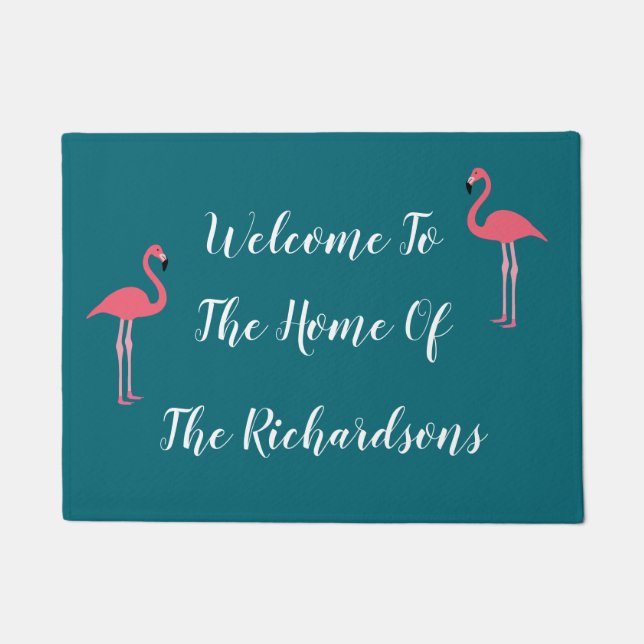 Tropical Flamingo Family Monogram Welcome Doormat (Front)