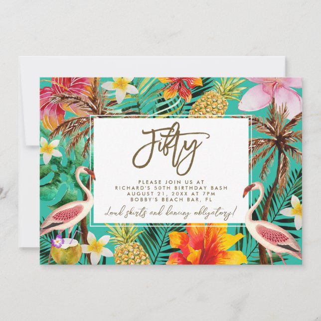 tropical flamingo fifty birthday invitation (Front)
